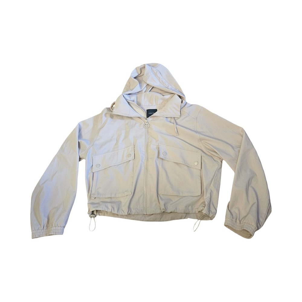 Love Tree Women Tan Beige Cropped Hooded Windbreaker Utility Jacket Large